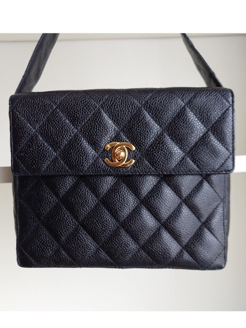 CHANEL Black Caviar Leather Square Box Flap Bag